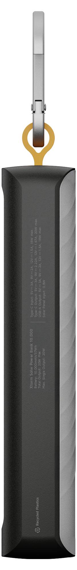 Schwarzes tragbares Gerät, das an einem Metallclip und einer orangefarbenen Schlaufe hängt, vertikal auf weißem Hintergrund dargestellt.