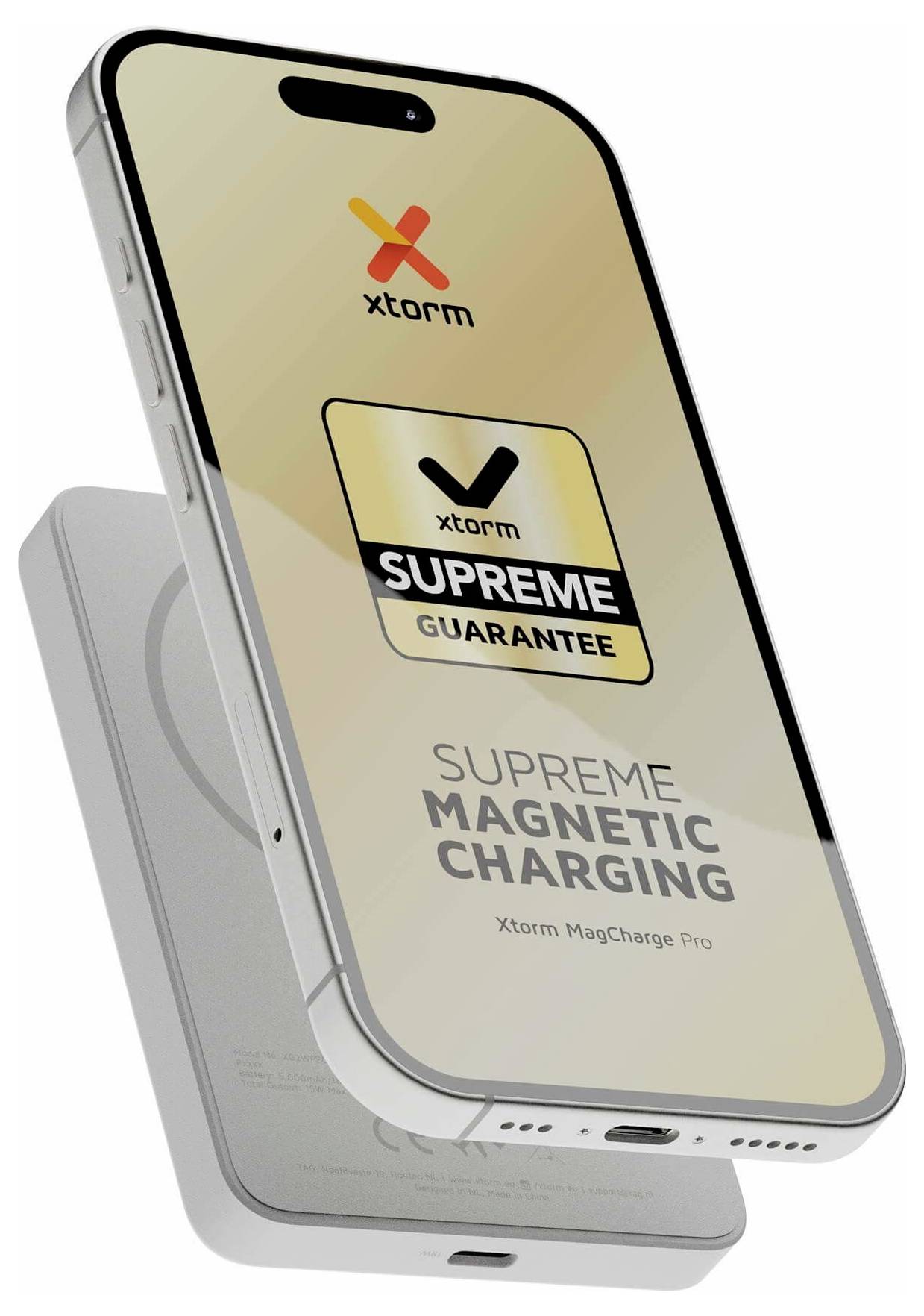 Zwei Xstorm-Smartphone-Hüllen, eine silbern und eine gold, übereinander gestapelt; die vordere Hülle zeigt „Supreme Guarantee