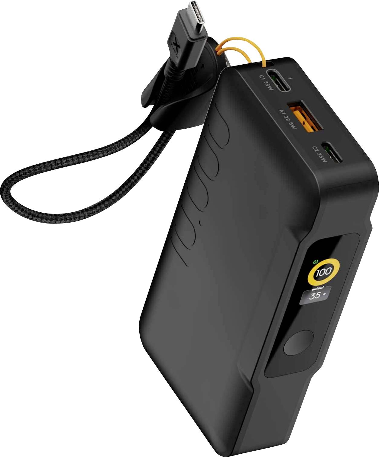 Tragbare schwarze Powerbank mit integriertem Ladekabel, zeigt USB-C, USB-A und Batteriestatus-Anzeige.