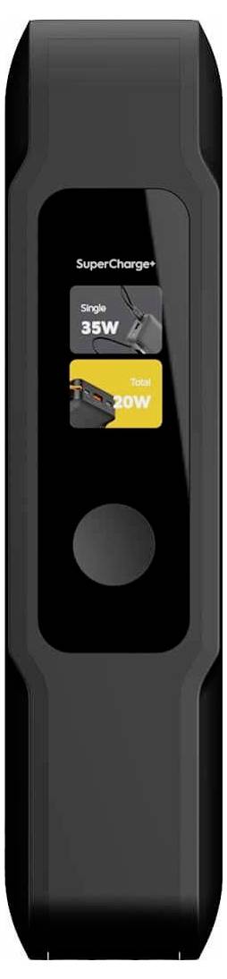 Schwarze Ladestation mit einem Display, das SuperCharge, Einzeln 35W und Gesamt 20W anzeigt, plus einen kreisförmigen Knopf darunter.