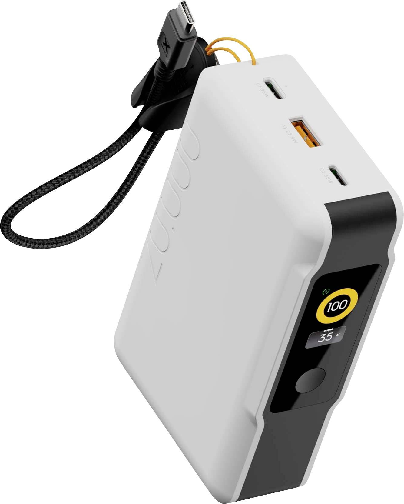 Tragbare weiße Powerbank mit angeschlossenem Kabel, digitaler Batterienanzeige und USB-Anschlüssen, die in einem produktähnlichen Bild gezeigt wird.
