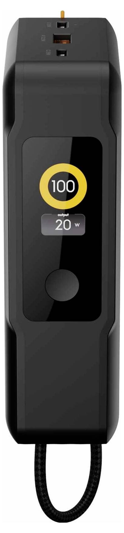 Schwarzes tragbares elektrisches Gerät mit Display, das 100 und 20 W anzeigt, und einer Kabelschlaufe am unteren Ende.