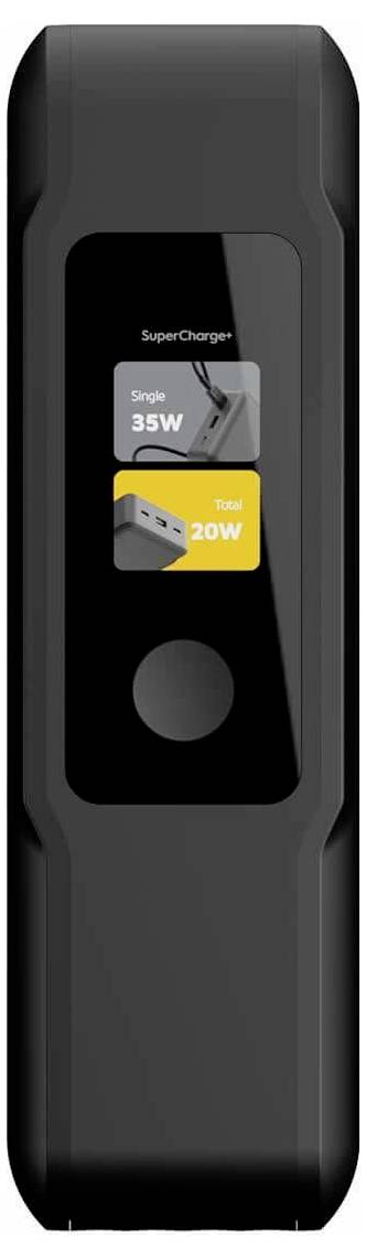 Schwarze Powerbank oder Ladegerät mit zentralem Display, das SuperCharger, Single 35W und Dual-20W-Ausgangssymbole anzeigt.
