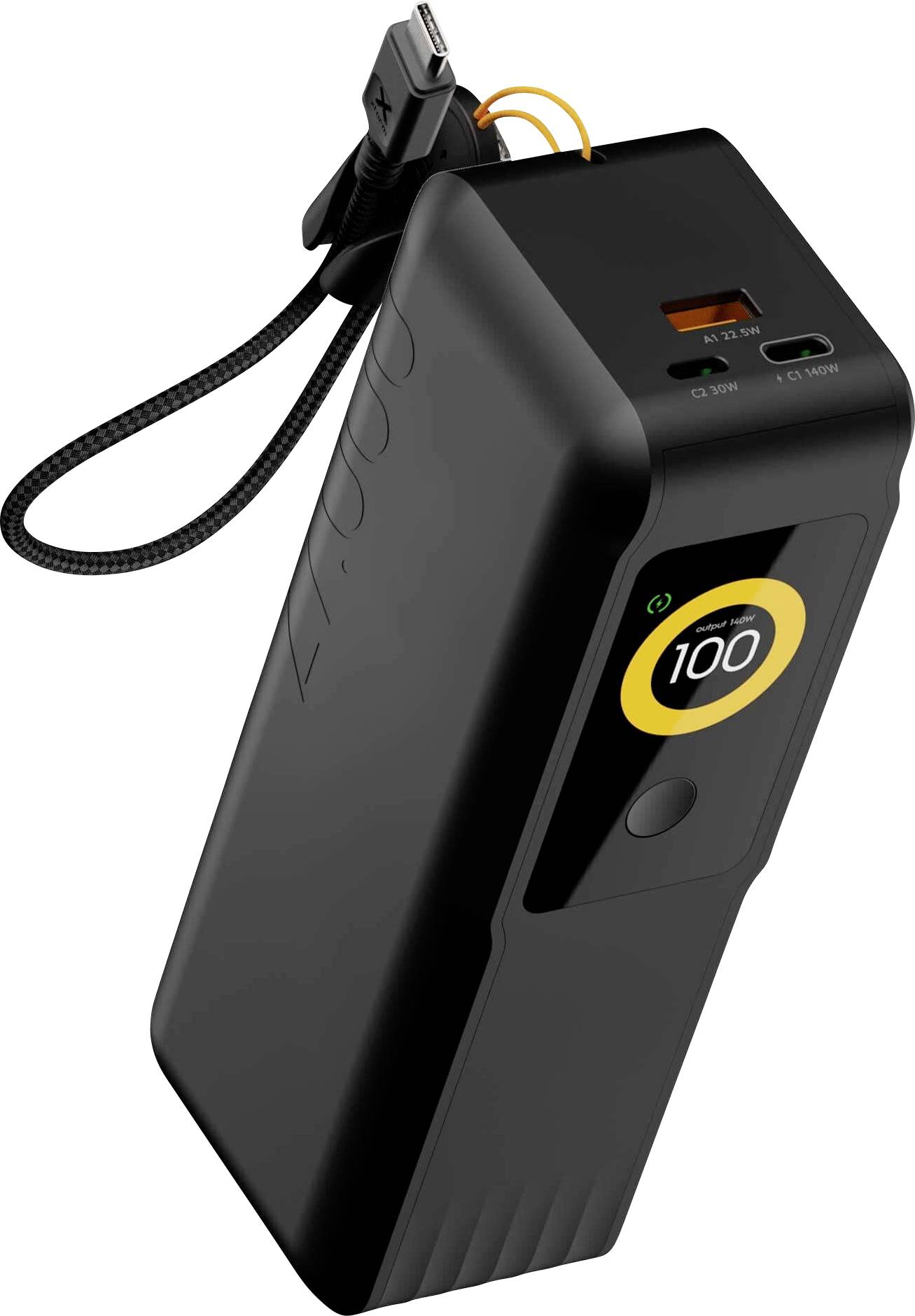 Tragbarer schwarzer Starthilfegerät/Powerbank mit angebautem Ladekabel und digitaler Anzeige, die 100 % Batterie anzeigt.