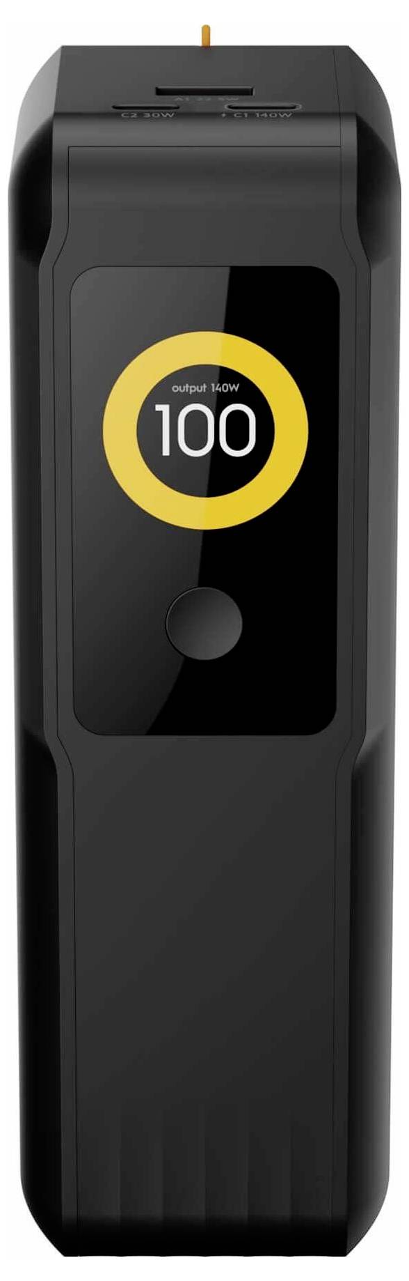 Vorderansicht eines schwarzen tragbaren Geräts mit einem zentralen kreisförmigen Display, das „100