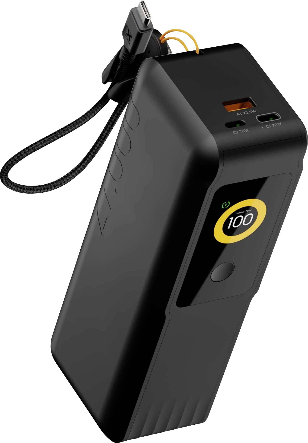 Tragbare schwarze Powerbank mit integriertem USB-C-Kabel und zwei Ausgängen, die einen 100%-Ladezustand anzeigt.