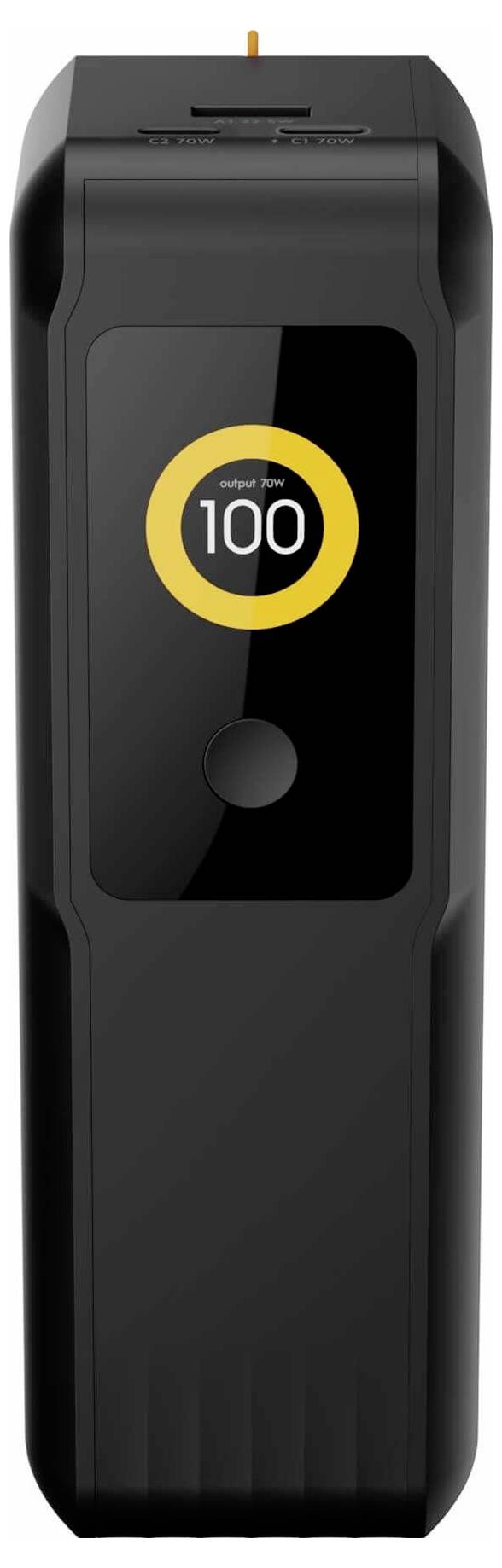 Schwarzes tragbares Gerät mit frontalem Display, das einen gelben Ring und einen Ladungs-/Statusindikator „100