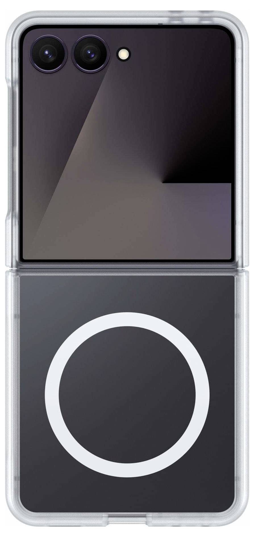 Faltbares Smartphone in geschlossenem Zustand in einer durchsichtigen Schutzhülle, mit doppelten rückwärtigen Kameras und einem großen kreisförmigen kabellosen Laderingauf der Rückseite.