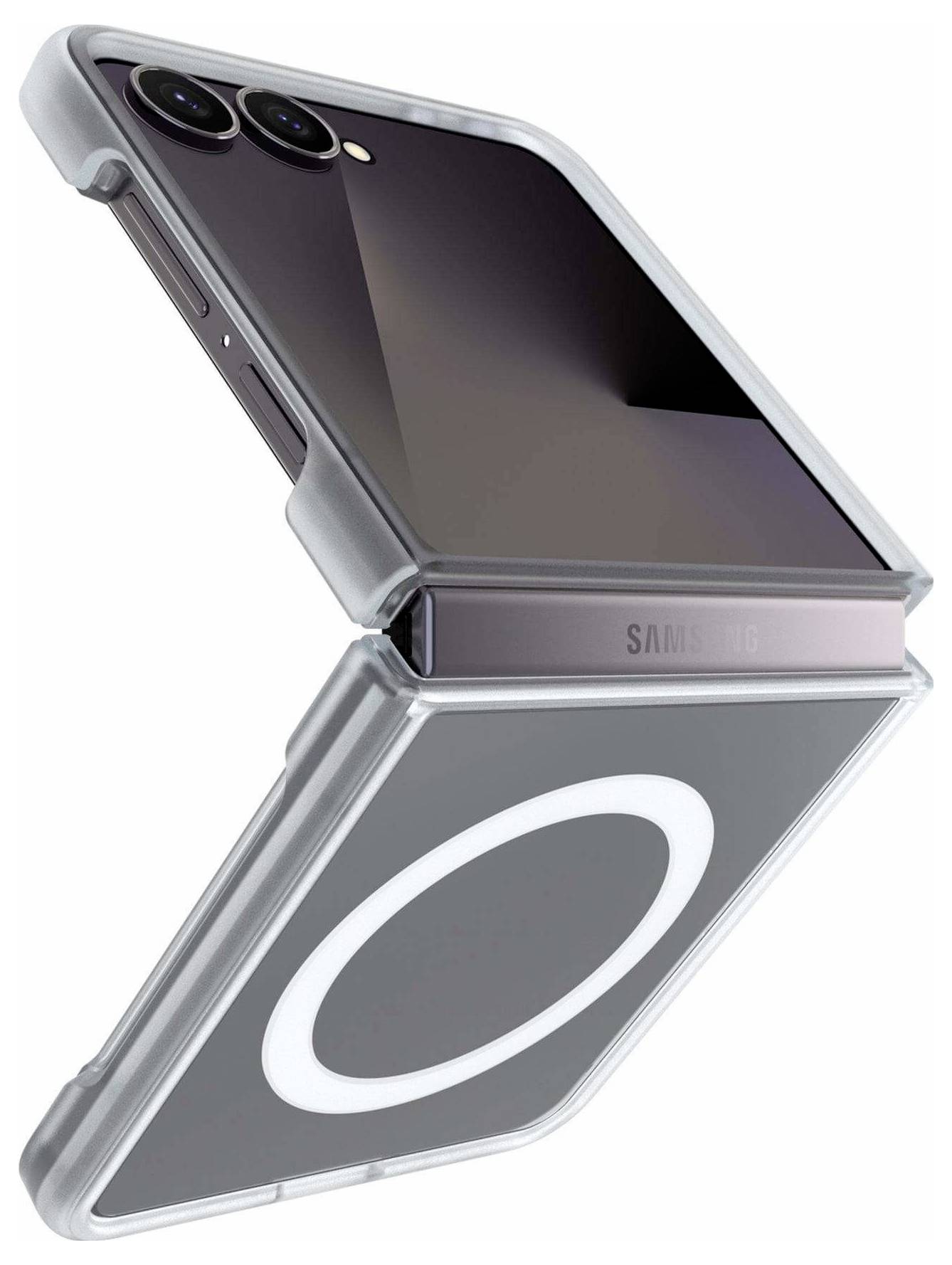 Zusammenklappbares Samsung-Smartphone, teilweise geöffnet, mit rückwärtigen Doppelkameras und einem kreisförmigen Indikator für drahtloses Laden auf dem unteren Bildschirm.