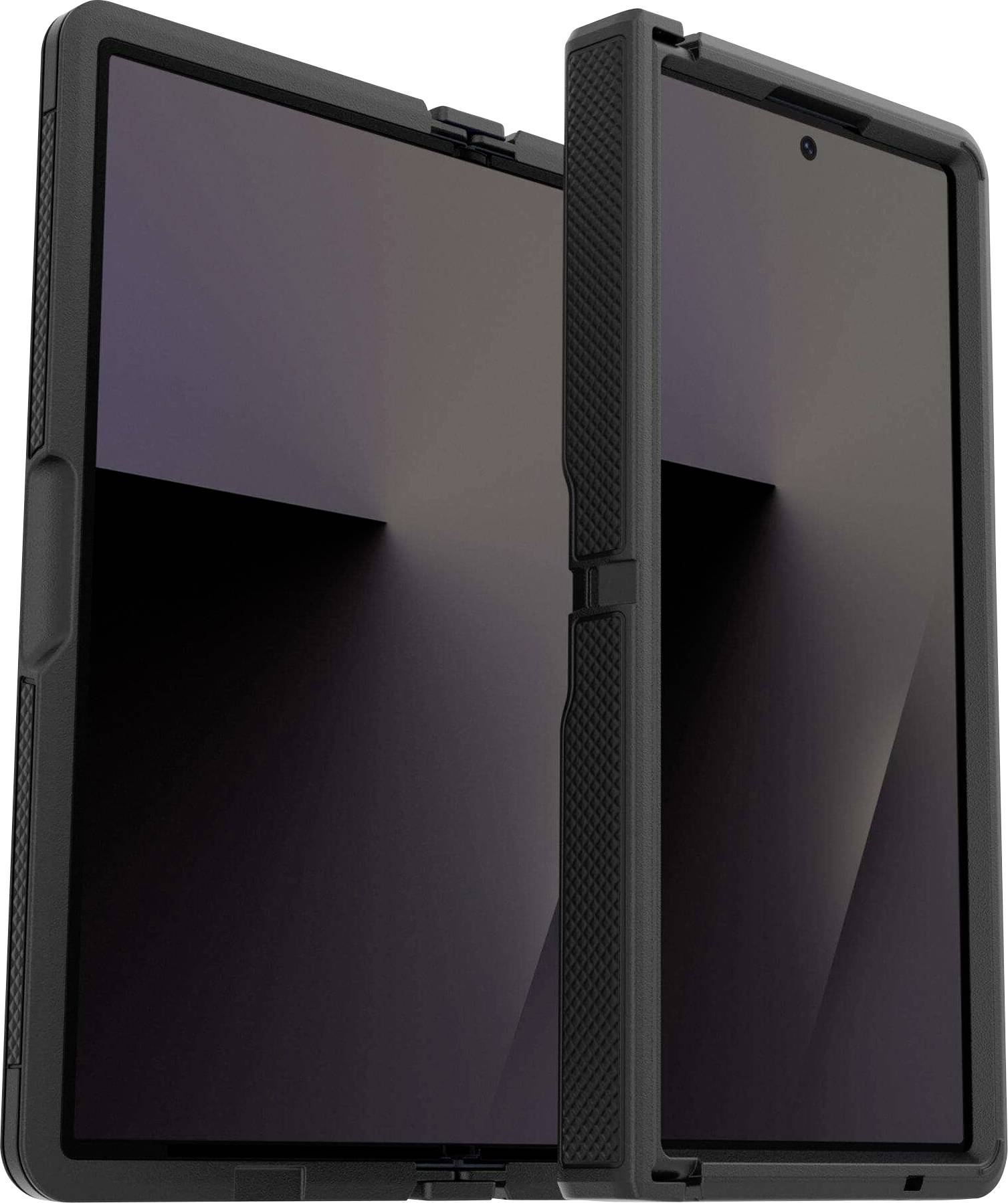 Zwei robuste schwarze Tablet-Geräte nebeneinander gezeigt, eines offen und eines geschlossen, mit strukturierten Schutzhüllen und glänzenden Bildschirmen.