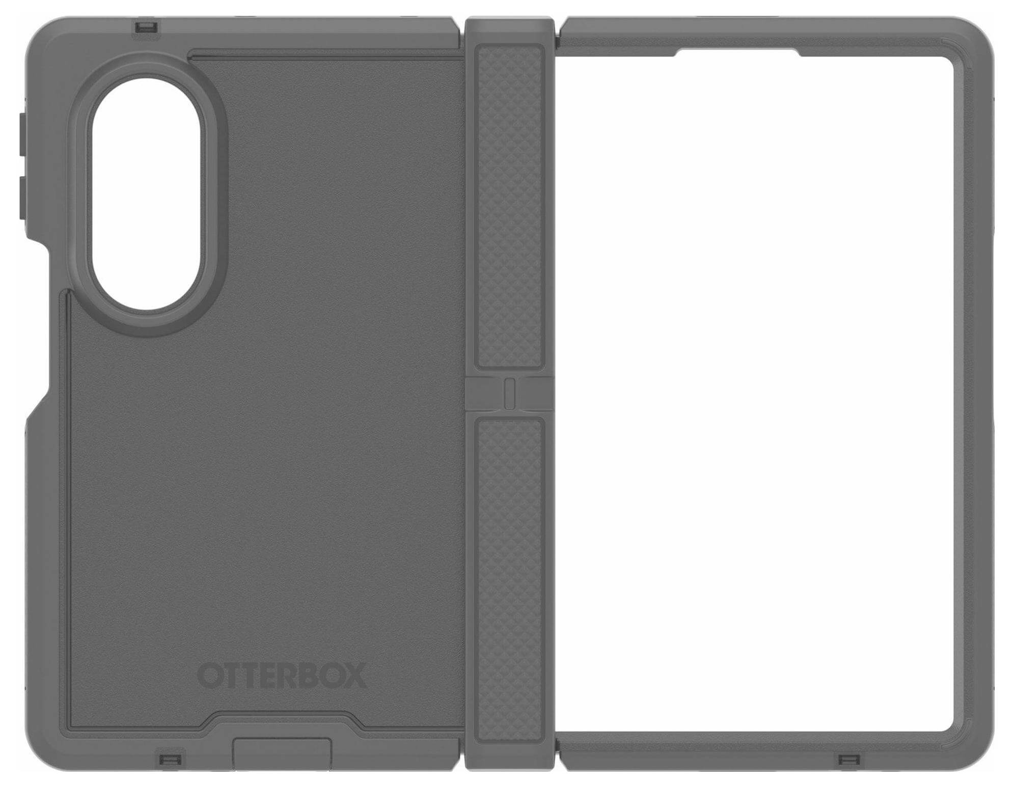 Grauer robuster OtterBox Tablet-Case, aufgeklappt dargestellt, mit Ausschnitt für die Rückkamera und klappbarem vorderen Schutzbügel.