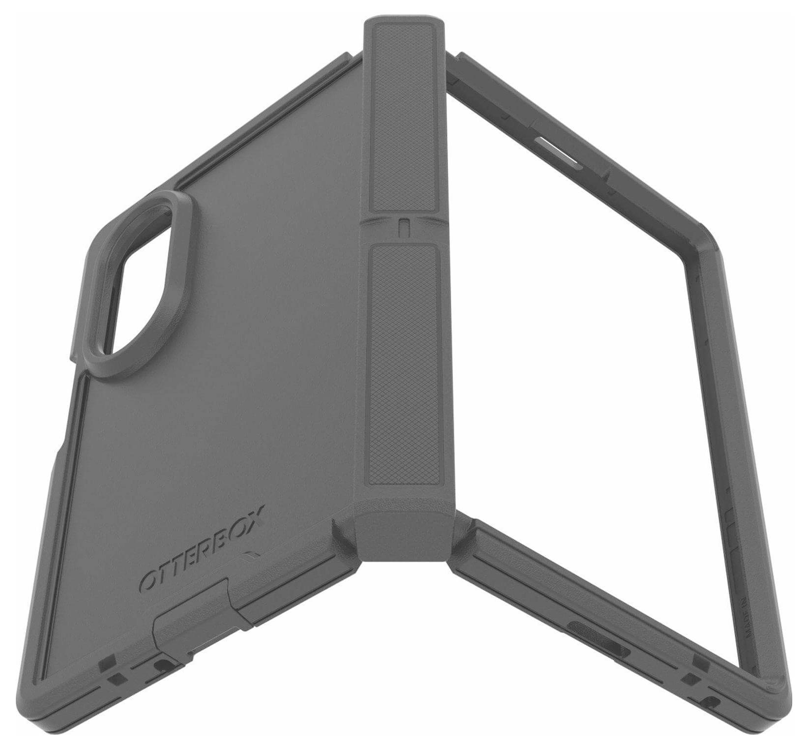Grauer robuster zusammenklappbarer Tabletkoffer mit integriertem Handgriff und Ständer, gezeigt in offener Schrägansicht.