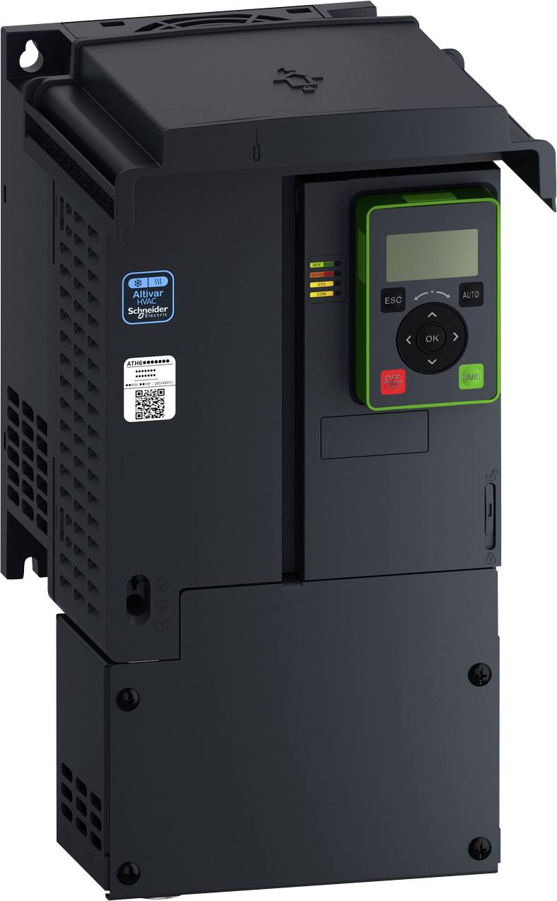 Schwarzer Schneider Electric Altivar Frequenzumrichter mit digitalem Display und Steuertasten, Vorderansicht gezeigt