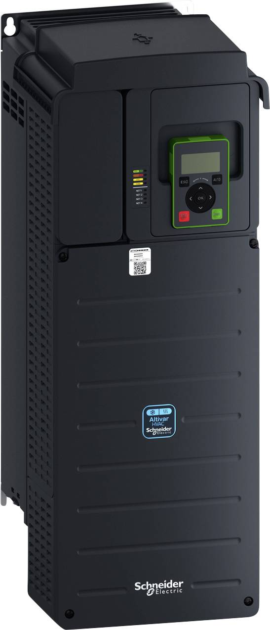 Schwarzer Schaltschrank oder Antriebsgerät von Schneider Electric mit Frontdisplay, Statusleuchten und Tastatur auf einem hohen belüfteten Gehäuse.