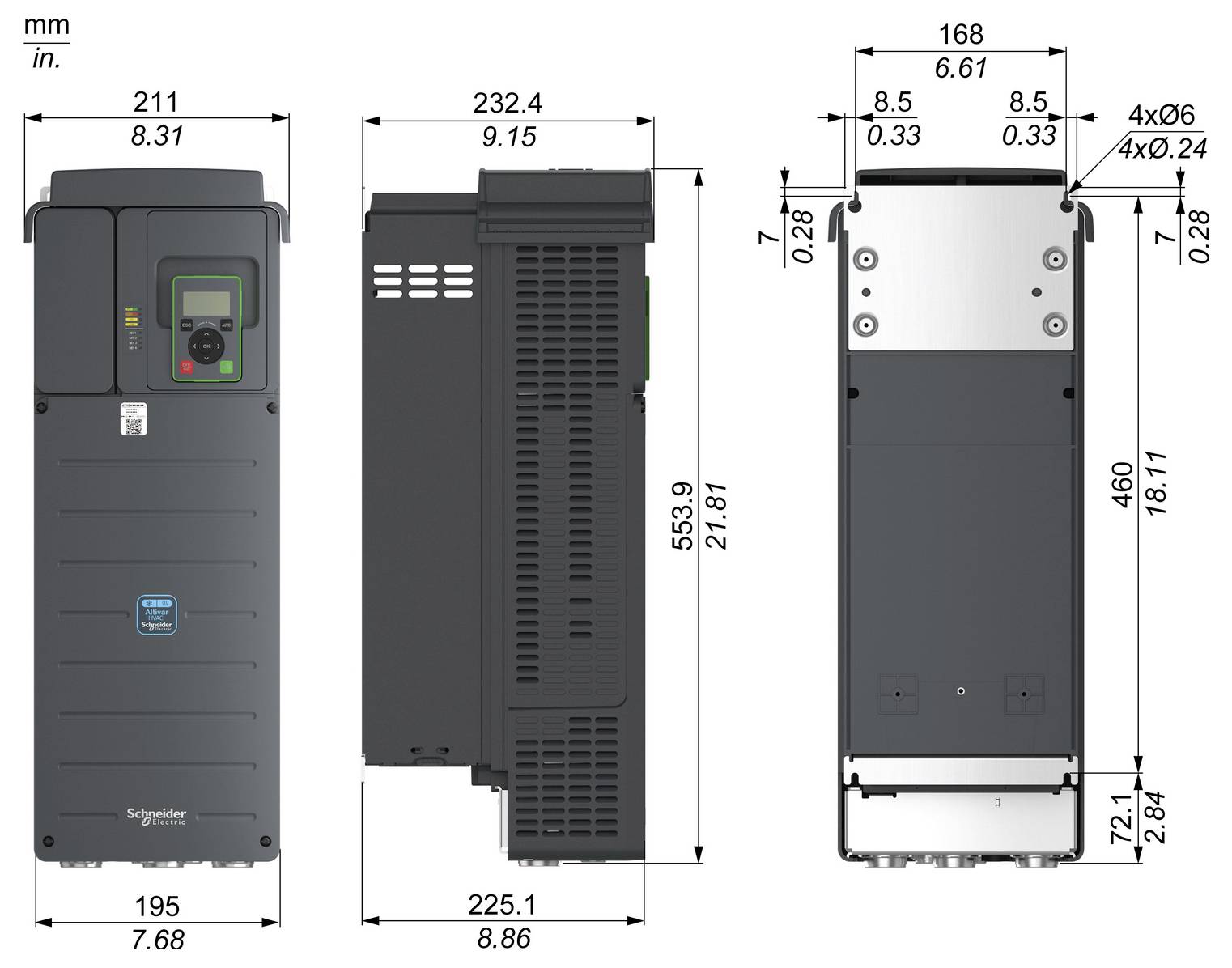 Technische Zeichnung mit Maßen eines Schneider Electric-Antriebs, dargestellt in Front-, Seiten- und Rückansicht mit Abmessungen in mm und Zoll.