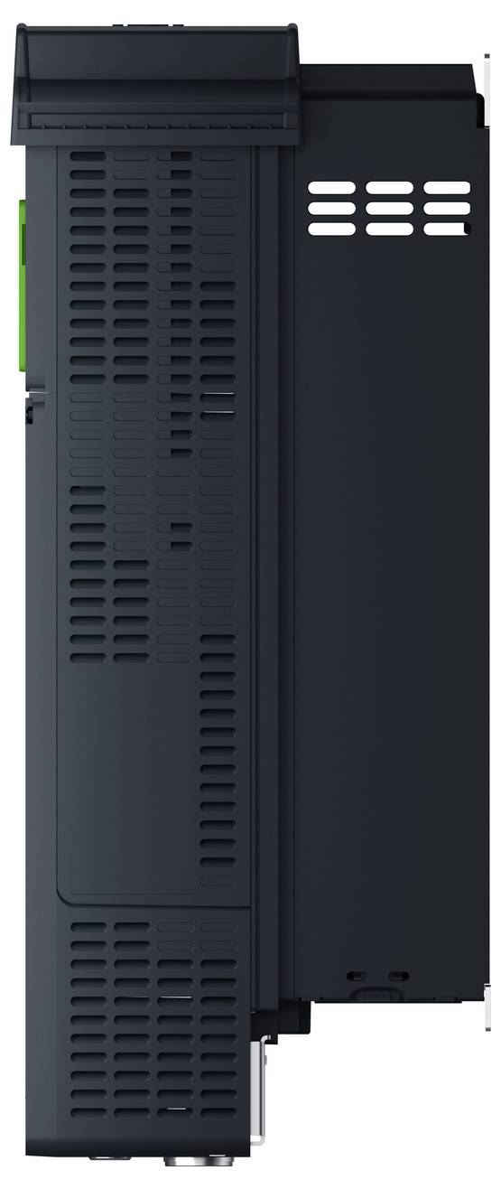 Schwarzer industrieller elektrischer Schaltschrank von der Seite gezeigt, mit belüfteten Paneelen und gestapeltem Modulargehäuse.