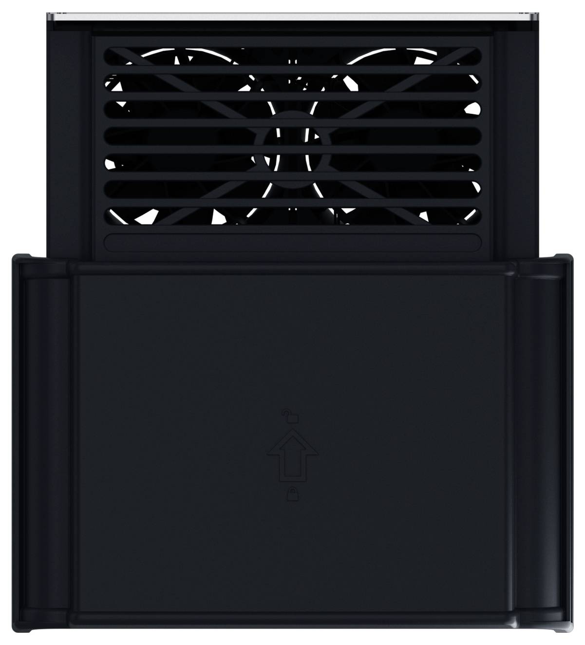 Schwarzes Computergehäuse oder Server-Chassis von vorne mit großem unteren Panel und oberem Belüftungsgitter mit sichtbaren internen Lüftern