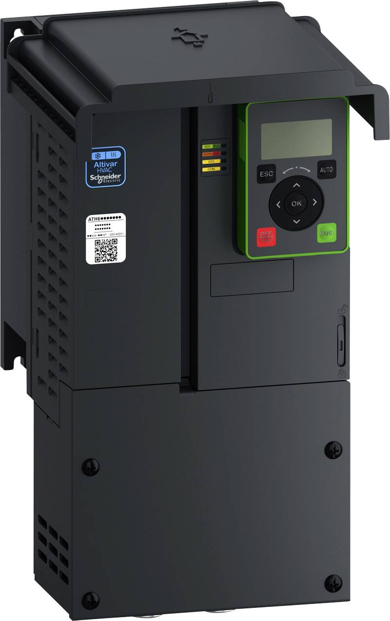 Schwarzer Schneider Electric Altivar Frequenzumrichter mit Frontanzeige, Tastatur, Statusleuchten und Lüftungsöffnungen auf weißem Hintergrund.