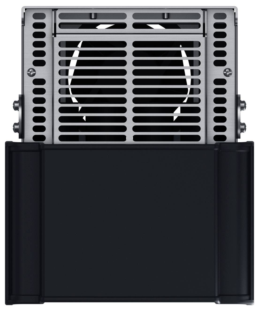 Vorderansicht einer schwarz-silbernen, an der Wand montierten Ventilatoreinheit mit einem belüfteten Gitter und großem unteren Gehäuse, dargestellt auf weißem Hintergrund.