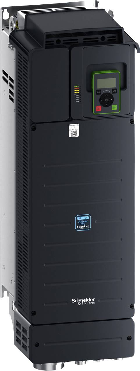 Schwarzer Schneider Electric Industrie-Frequenzumrichter mit frontseitiger digitaler Bedienblende und Statusanzeigen.