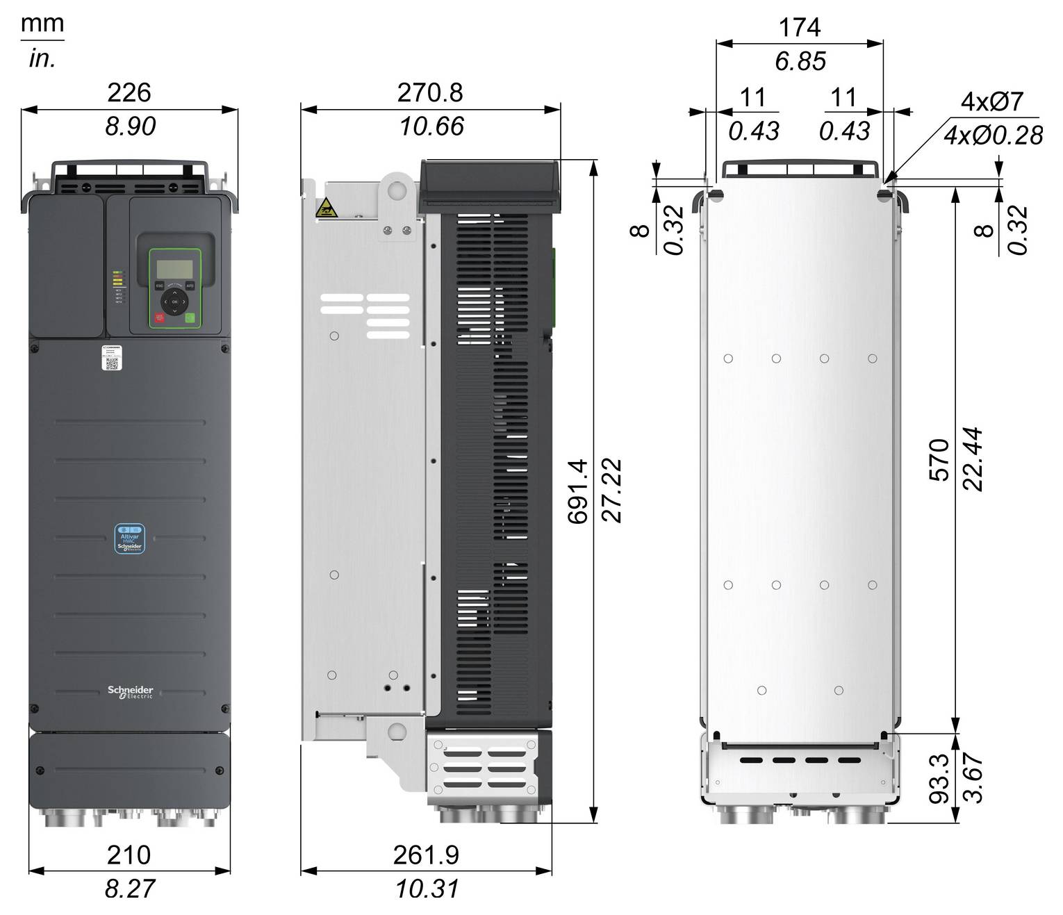 Maßstabszeichnung eines Schneider-Elektromagnetantriebs mit Vorder-, Seiten- und Rückansichten mit Abmessungen in mm und Zoll.