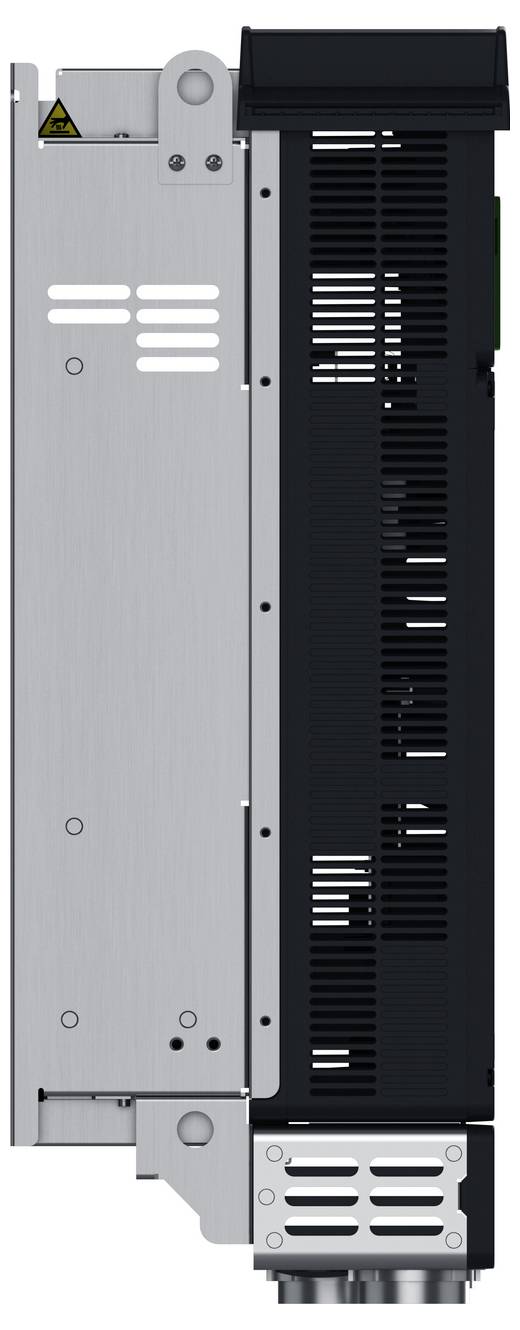 Industrielles elektrisches Steuermodul mit silberfarbenem Metallpaneel und schwarz belüftetem Gehäuse, mit Warnschild und Befestigungskonsolen.