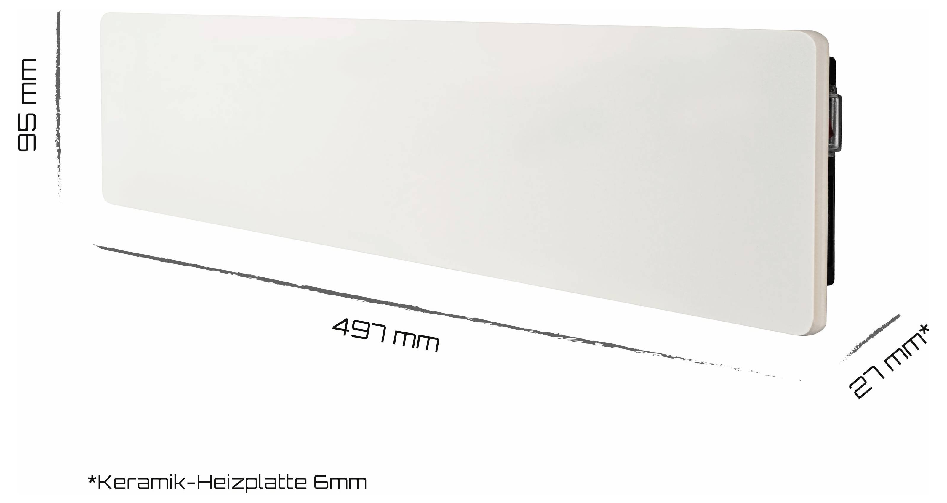 Diagramm eines schlanken, an der Wand montierten Heizpaneels in rechteckiger Form, gekennzeichnet mit 497 mm Breite, 95 mm Höhe und 27 mm Tiefe, mit 6 mm Keramik-Heizplatte.
