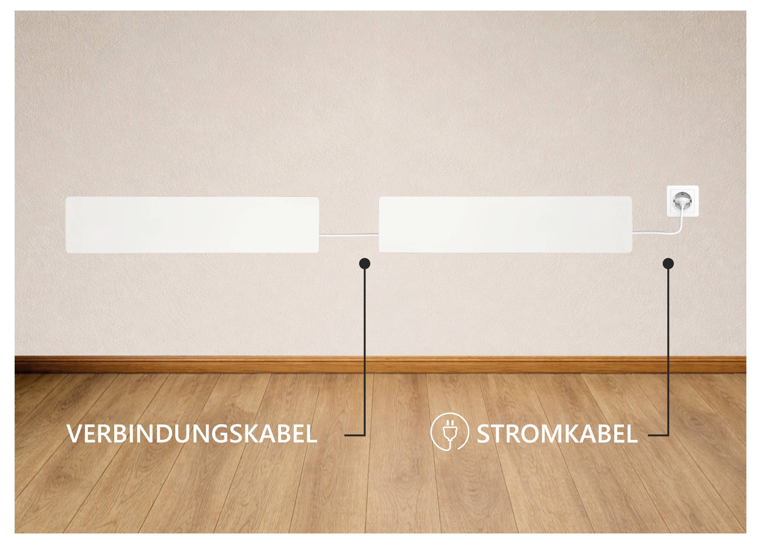 Grafik eines wandmontierten Heizkörpers mit den Beschriftungen 'Verbindungskabel' und 'Stromkabel'; zeigt Anschlussarten und Steckerpositionen.