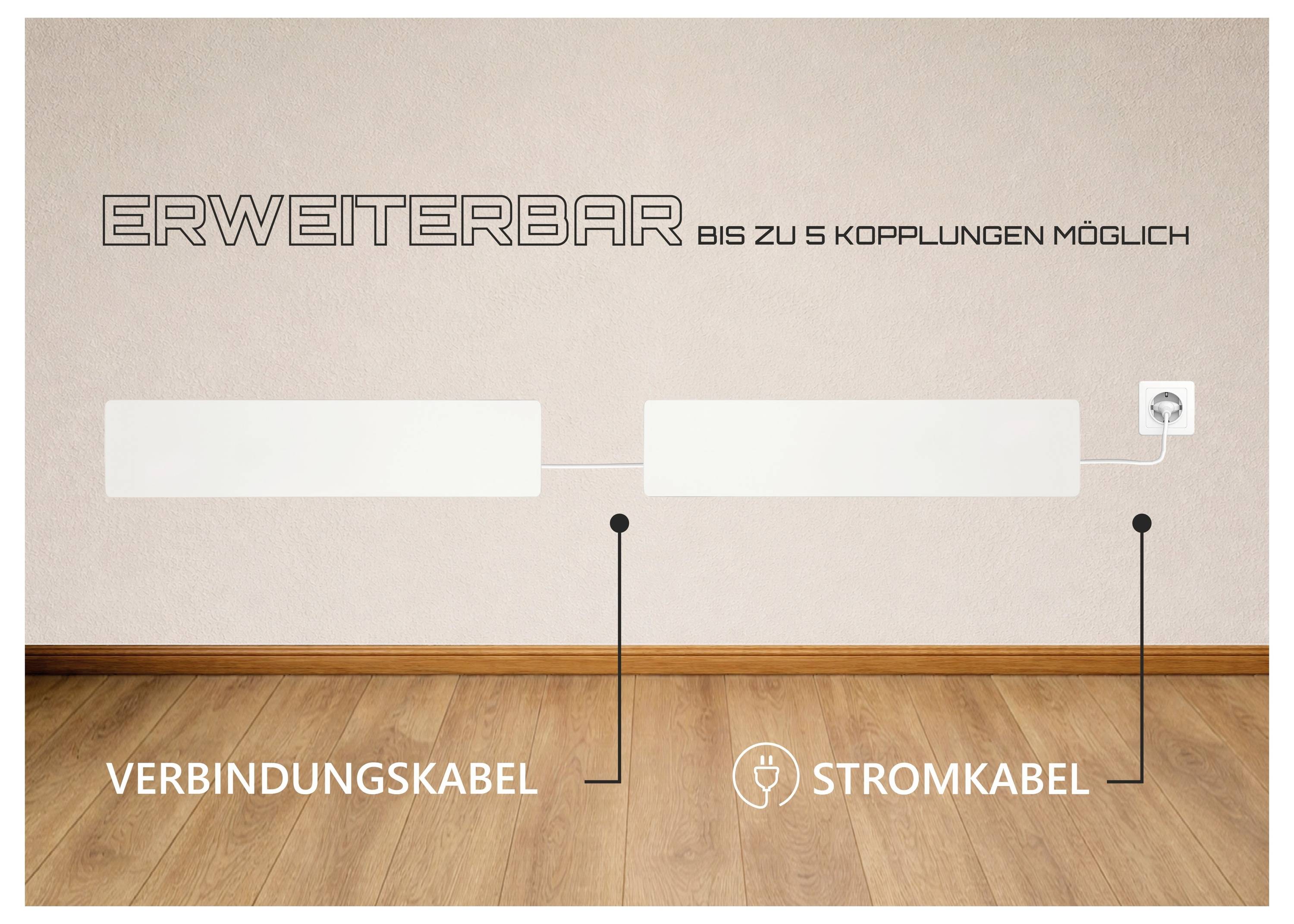 Grafik eines erweiterbaren Systems mit bis zu 5 Kopplungen; zeigt Verbindungskabel und Stromkabel, mit Wandsteckdose rechts.