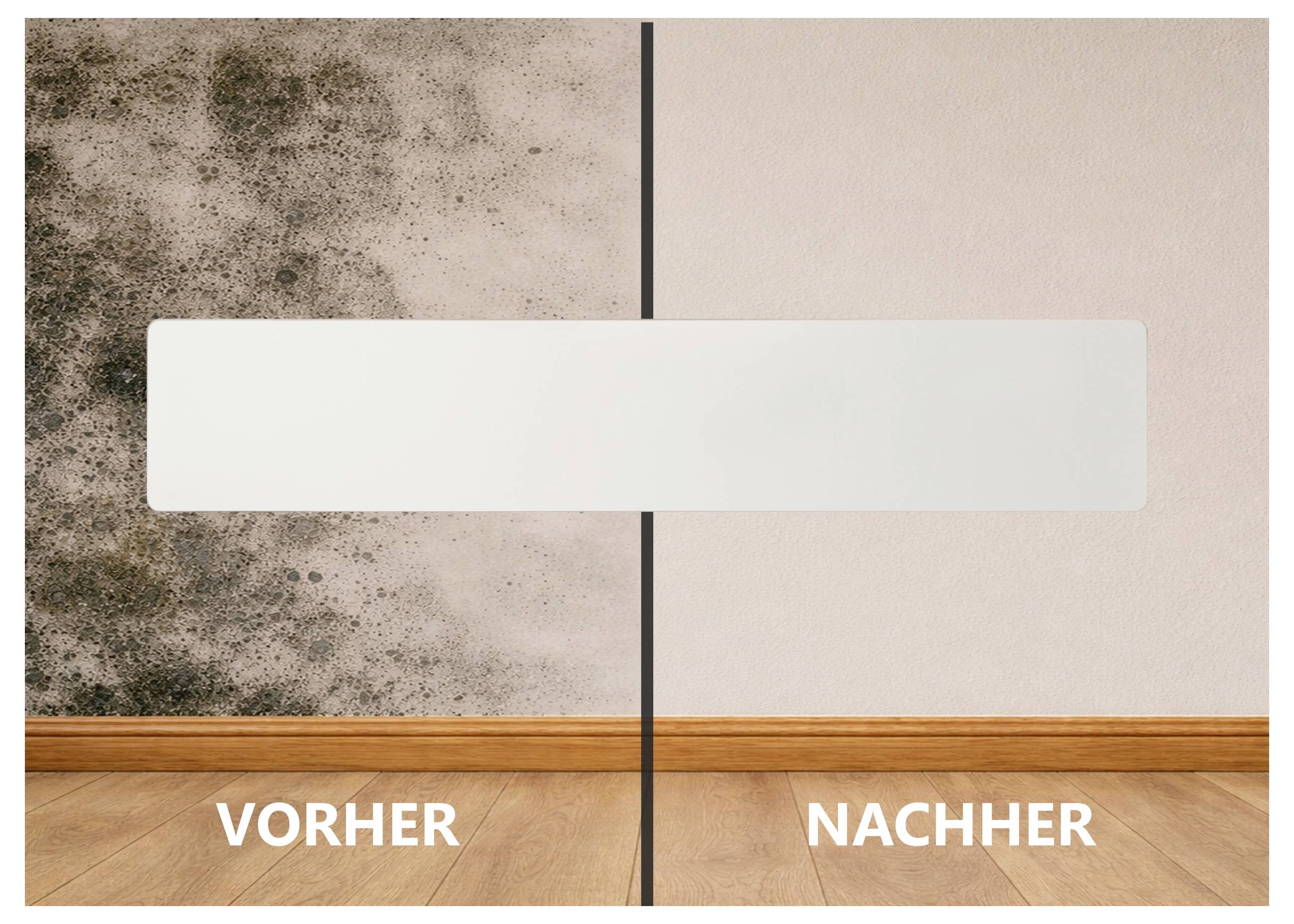 Vorher-Nachher-Vergleich einer Wand: links schimmelbefallen, rechts sauber und frisch gestrichen; mittig ein leerer Beschriftungsbalken.