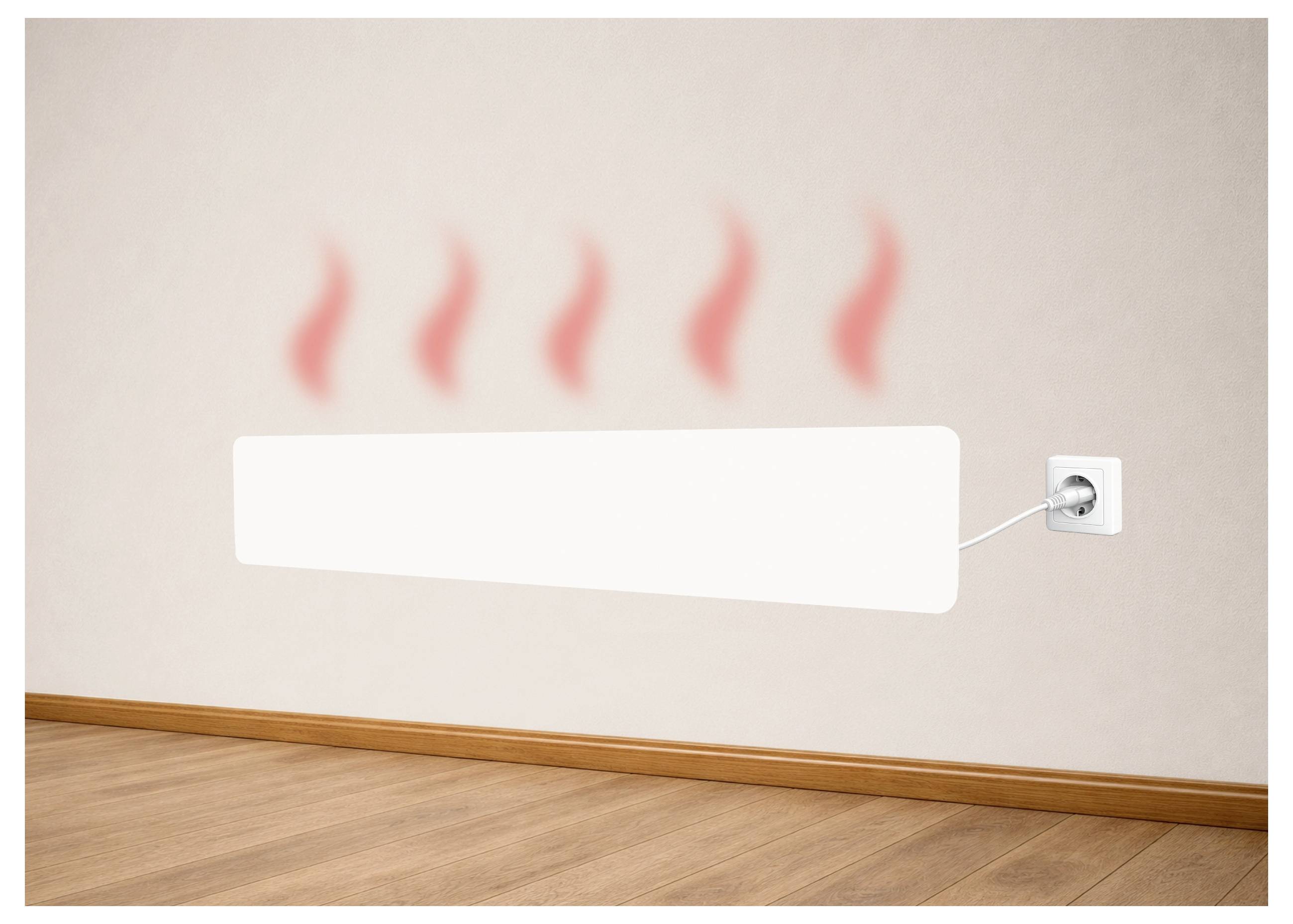 Wandmontierter elektrischer Heizstrahler mit Hitzewellen, die darüber in einem Zimmer aufsteigen.