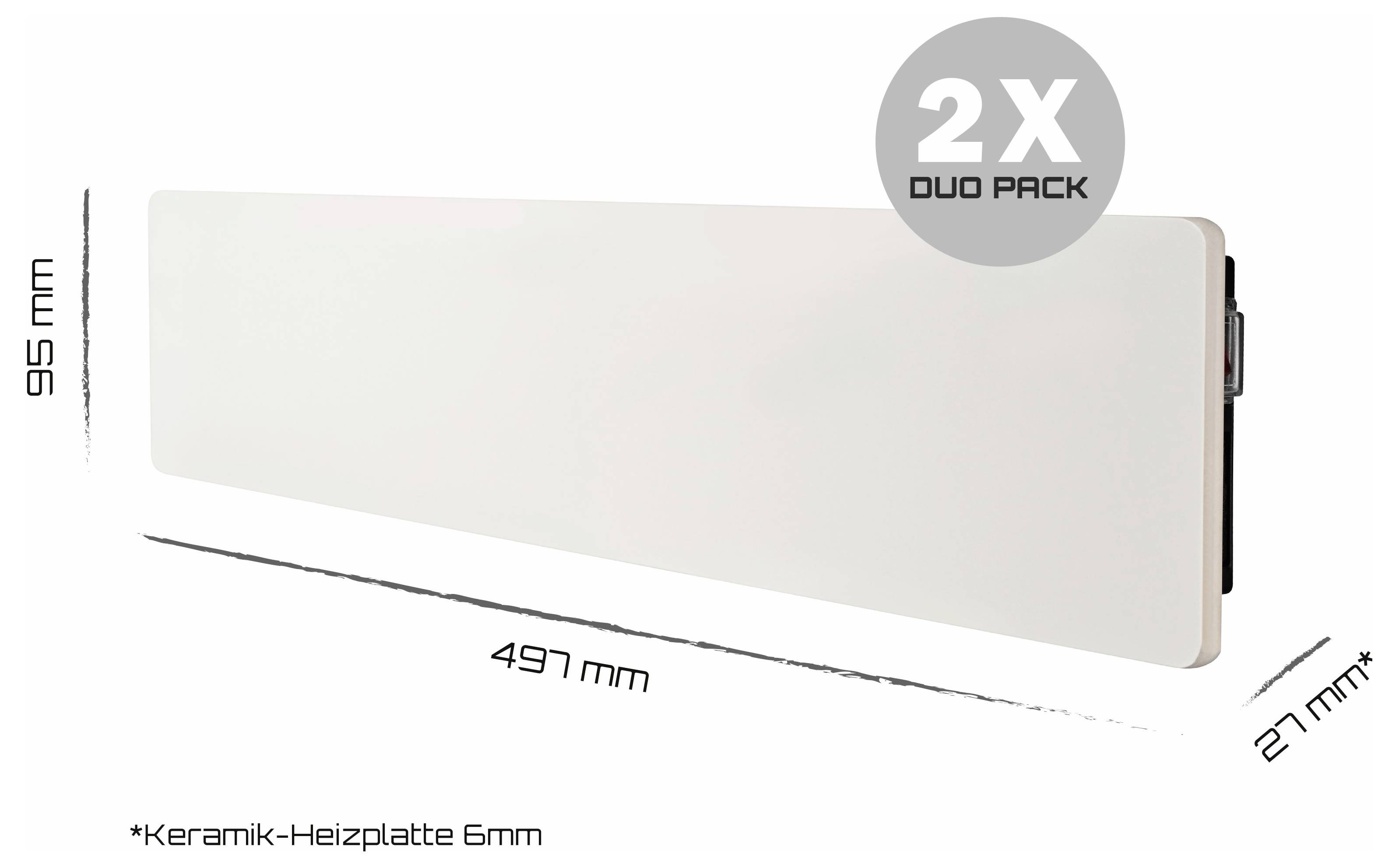 Weiße rechteckige Keramik-Heizplatten, shown as 2er-Pack, mit den Maßen 497 mm Breite, 195 mm Höhe und 27 mm Tiefe, plus 6 mm Keramikplattenstärke.