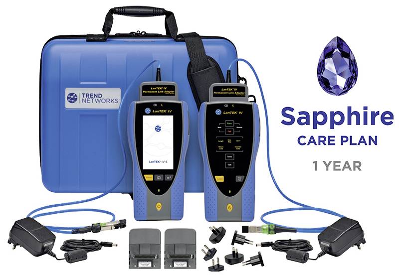 Trend Networks Sapphire Care Plan 1 Jahr-Paket mit blauem Tragekoffer, zwei LanTEK IV-Testern, Adaptern, Kabeln und Zubehör.