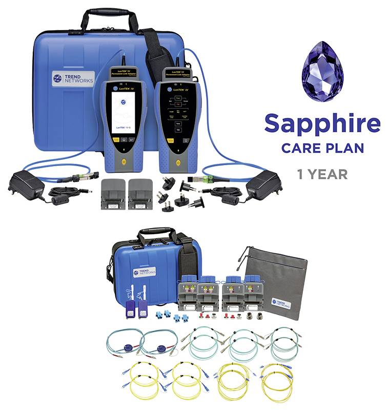 Trend Networks Sapphire Care Plan 1-Jahres-Kit mit zwei tragbaren Testern, blauem Tragekoffer, Zubehör, Kabeln und Faserpigtails.