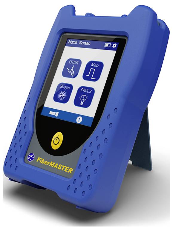 Blue FiberMASTER tragbares Testgerät mit Startbildschirm mit OTDR-, Map-, Scope- und PMLS-App-Symbolen.