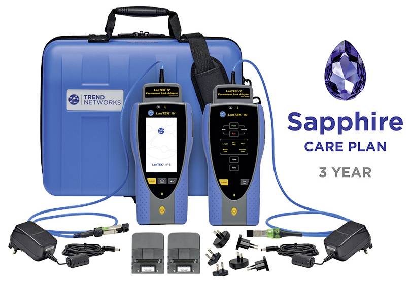 Trend Networks Sapphire Care Plan 3-Jahres-Kit mit blauem Tragekoffer, zwei tragbaren Testgeräten, Kabeln, Adaptern und Stromversorgungen.