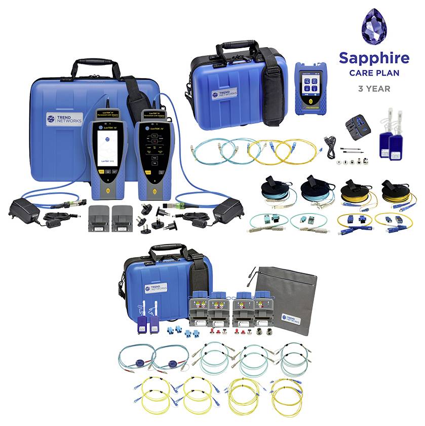 Trend Networks Sapphire Care Plan 3-Jahres-Kit gezeigt mit blauem Transportkoffer, Testgeräten, Kabeln, Adaptern und Glasfaser-Reinigungswerkzeugen.