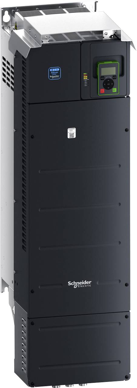 Hoher schwarzer Schrank von Schneider Electric für Industrieanwendungen oder USV-Gerät mit belüfteten Seiten, oberer Metallgehäuse und kleinem frontalen Bedienfeld mit Display und Tasten.