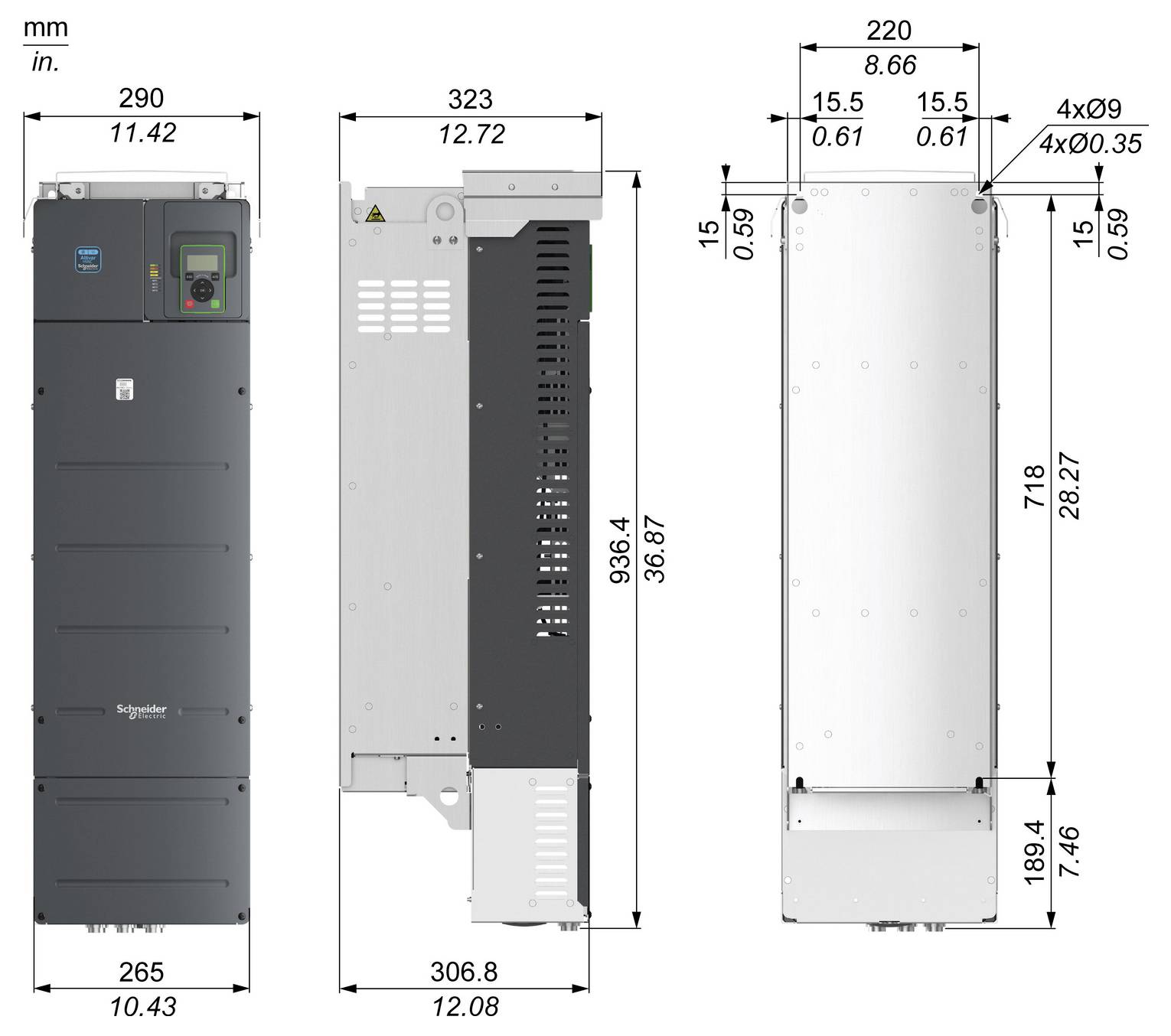 Maßstabgerechte technische Zeichnung eines Schneider Electric-Schranks, die Vorder-, Seiten- und Rückansichten mit Abmessungen in mm und Zoll zeigt.