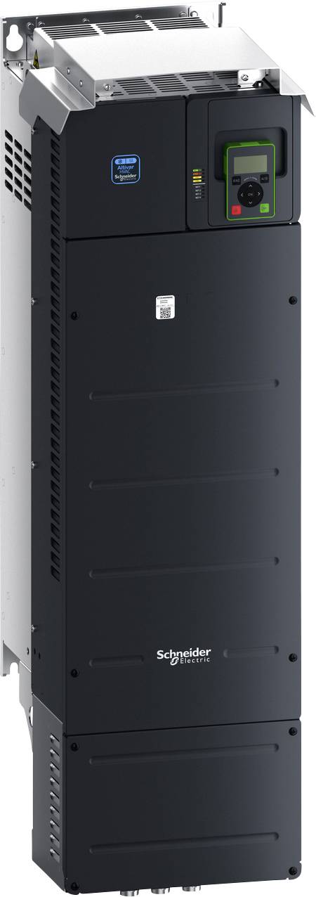 Hoher Schneider Electric Schrank für Industrieantriebssysteme mit digitalem Bedienfeld und Statusanzeigelampen an der Vorderseite.