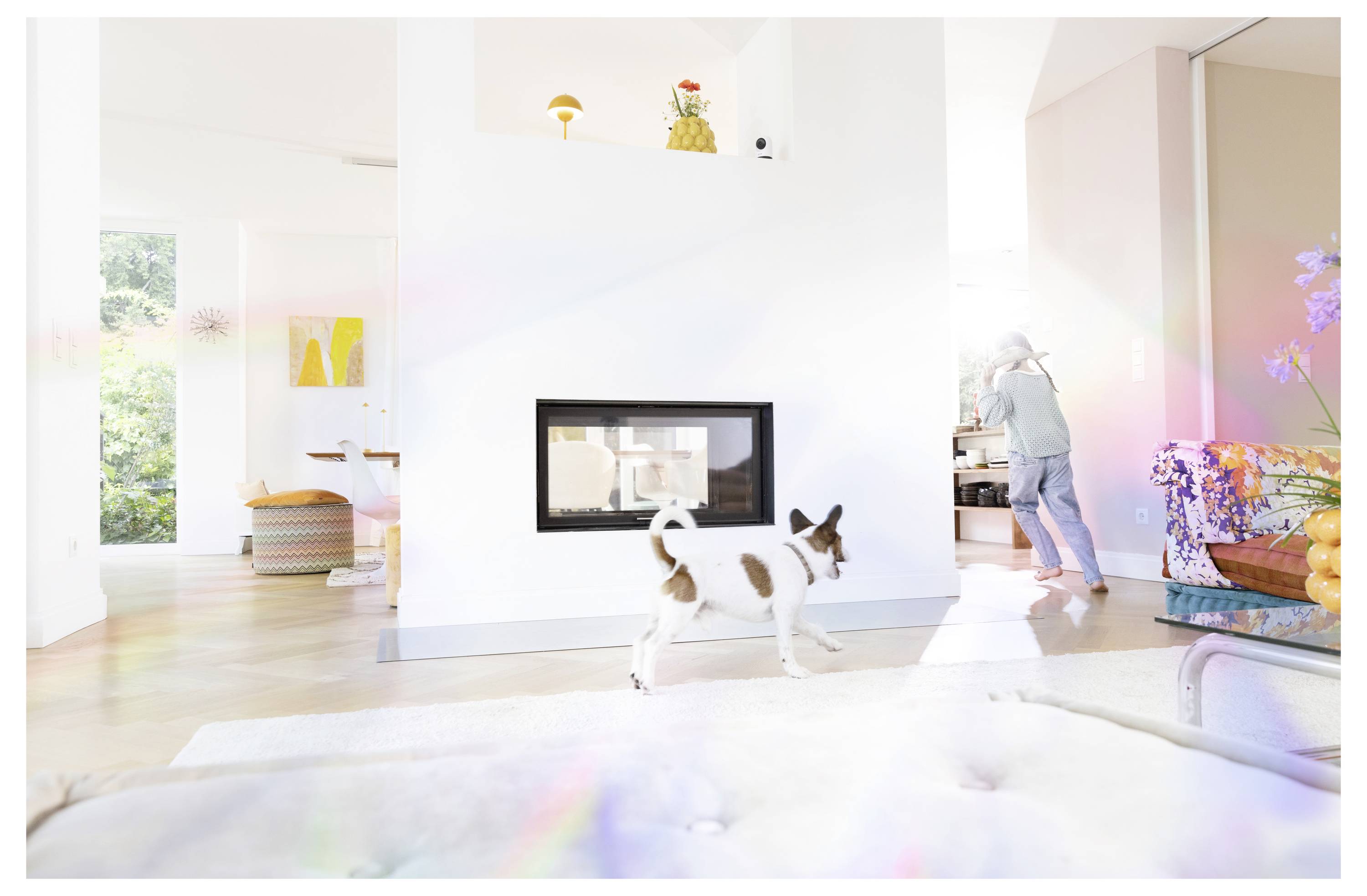 Helles, modernes Wohnzimmer, in dem ein kleiner Hund über den Boden läuft, während eine Person in der Nähe einer Theke aufräumt; Sonnenlicht erfüllt den offenen Raum.