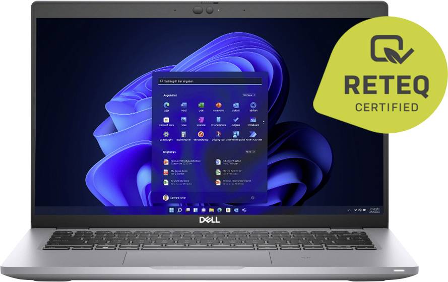 Dell-Laptop, der das Windows 11-Startmenü anzeigt, mit einem großen gelben „RETEQ CERTIFIED