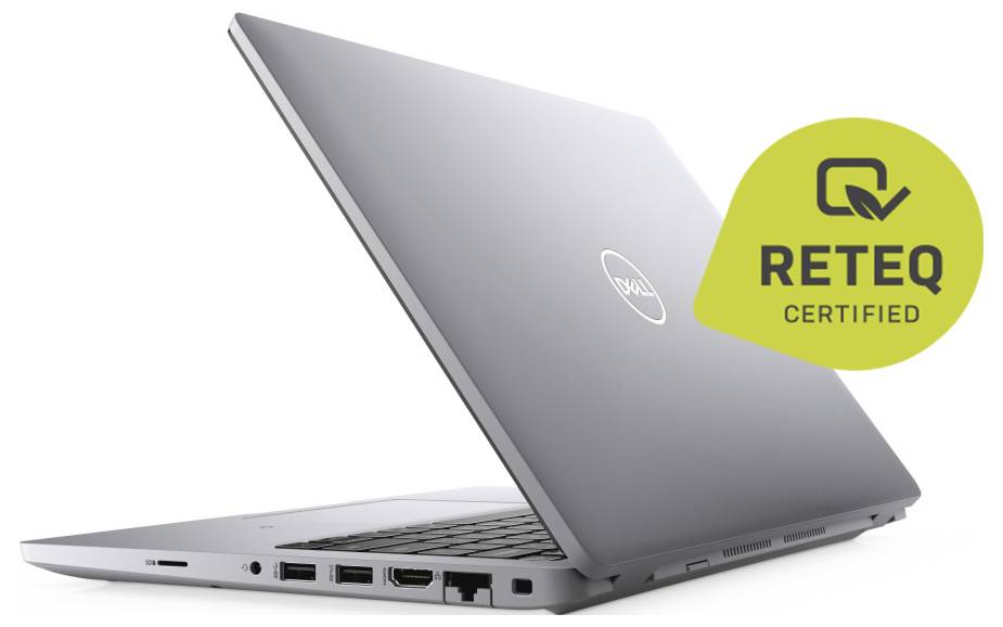Offener silberner Dell-Laptop, teilweise geöffnet, mit einem 