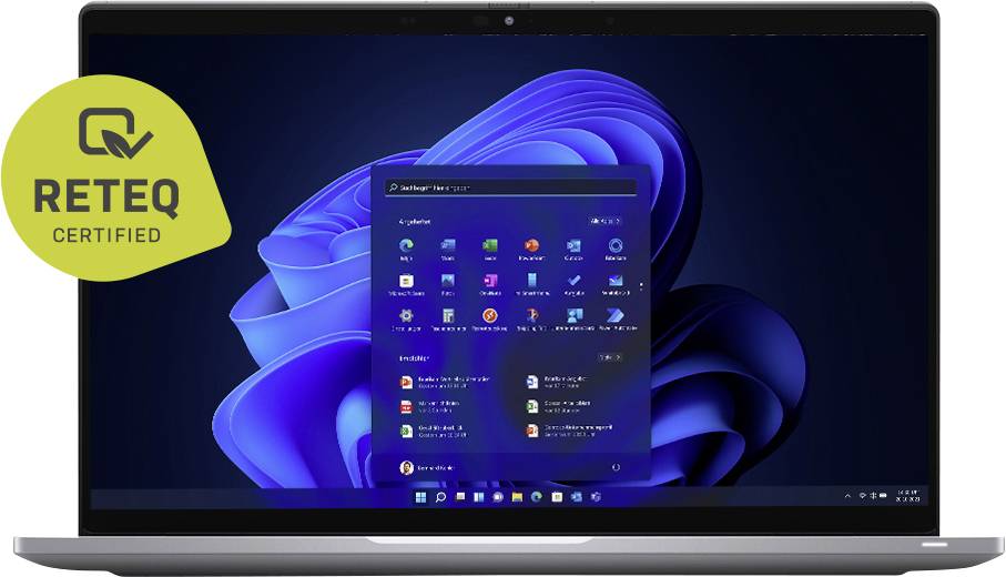 Laptop mit Windows 11-Desktop und geöffnetem Startmenü, plus einem „RETEQ CERTIFIED