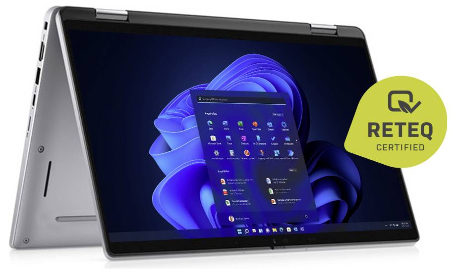Zwei-in-einem-Laptop im Zeltmodus dargestellt mit Windows 11-Desktop auf dem Bildschirm und einem 