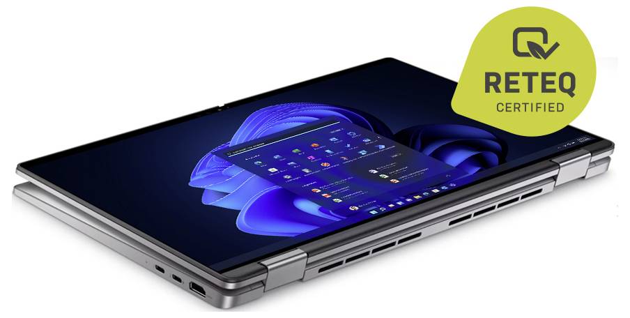 Ein teilweise geöffnetes faltbares Tablet-/Laptop-Hybrid-Gerät mit einem blauem Windows-ähnlichem Startbildschirm und einem 
