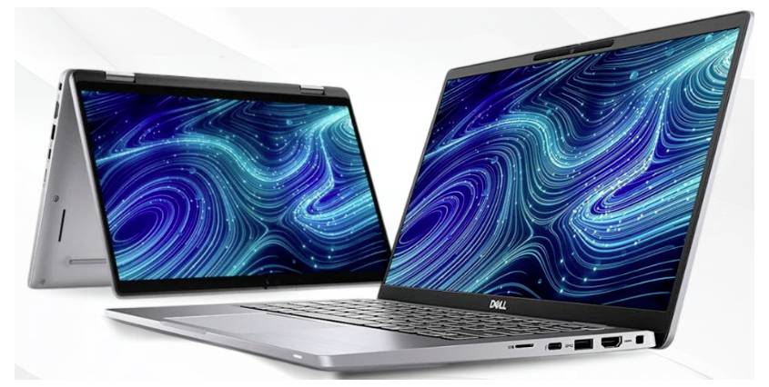 Zwei Dell-Laptop-Computer in einer Convertible-Konfiguration angezeigt, beide Bildschirme zeigen ein blaues abstraktes Wirbel-Hintergrundbild.