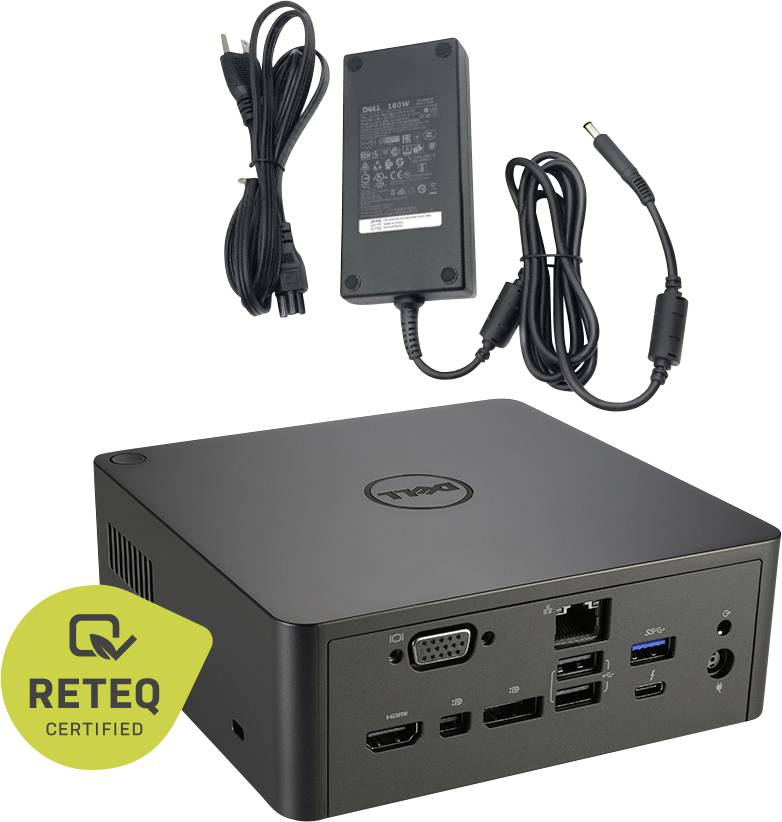 Dell Mini-Desktop-PC mit Netzteil und Kabeln, sichtbaren vorderen Anschlüssen und einem Overlay mit dem Badge „RETEQ CERTIFIED