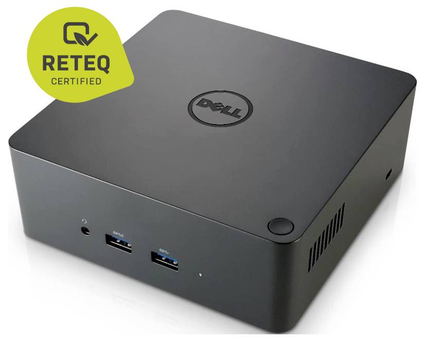 Dell kompakter Mini-Desktop-PC mit REETQ-zertifiziertem Abzeichen, dargestellt in einer vorderen Dreiviertelansicht auf weißem Hintergrund.