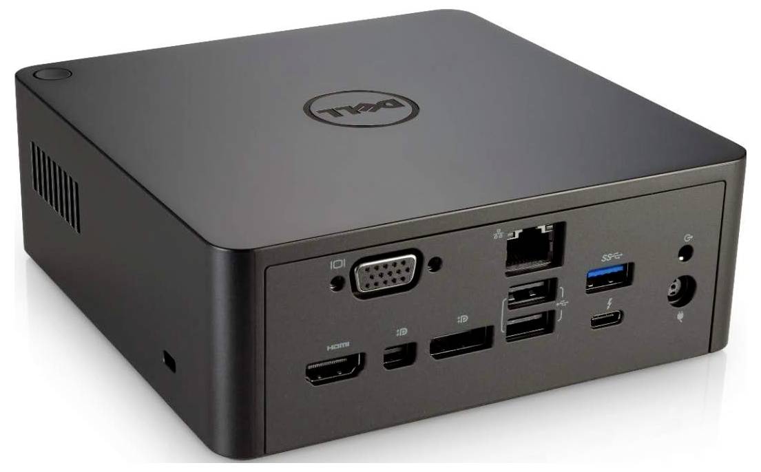 Schwarzer Dell Mini-Desktop-Computer mit vorderen Anschlüssen, einschließlich USB, Audio, Ethernet, VGA, DisplayPort und HDMI